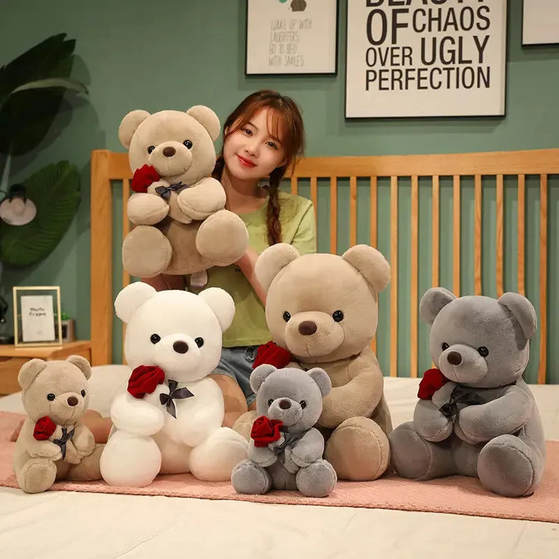 Rose bear plush doll in beige, brown, or grey colour with soft short plush fabric and cartoon design