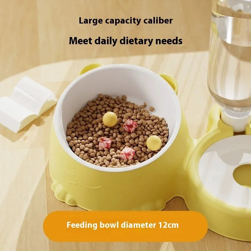 Double bowl automatic pet drinking basin with stainless steel bowls in plastic frame for cats