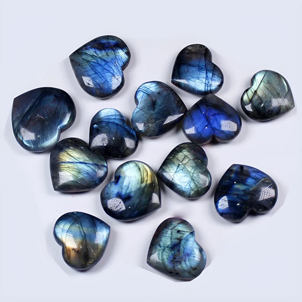 Natural pulled feldspar crystal pendant piece showing heart and ocean patterns, with size scale from 22mm to 45mm.