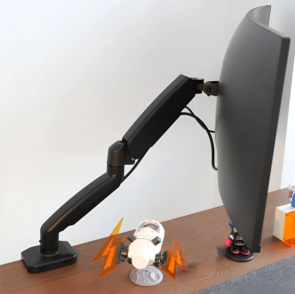 Black rotating telescopic LCD screen bracket on a desk, showing height adjustment and swivel function.