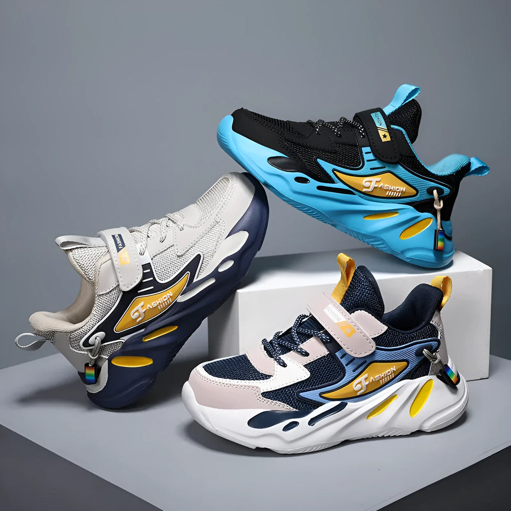 Boys' dark blue and black platform sports shoes with Velcro strap and mesh upper
