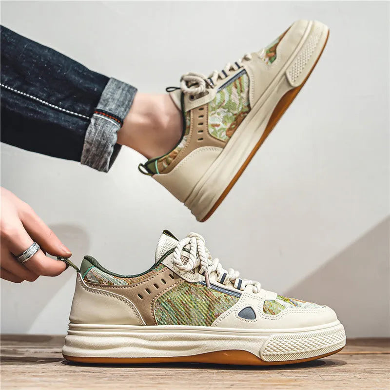 Casual canvas shoes with color matching pattern in Milan green and beige featuring flat heel and round toe design