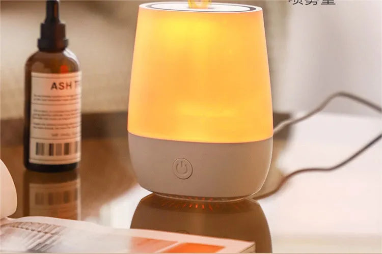 White USB aroma diffuser humidifier with simulated flame effect and Type-C connection