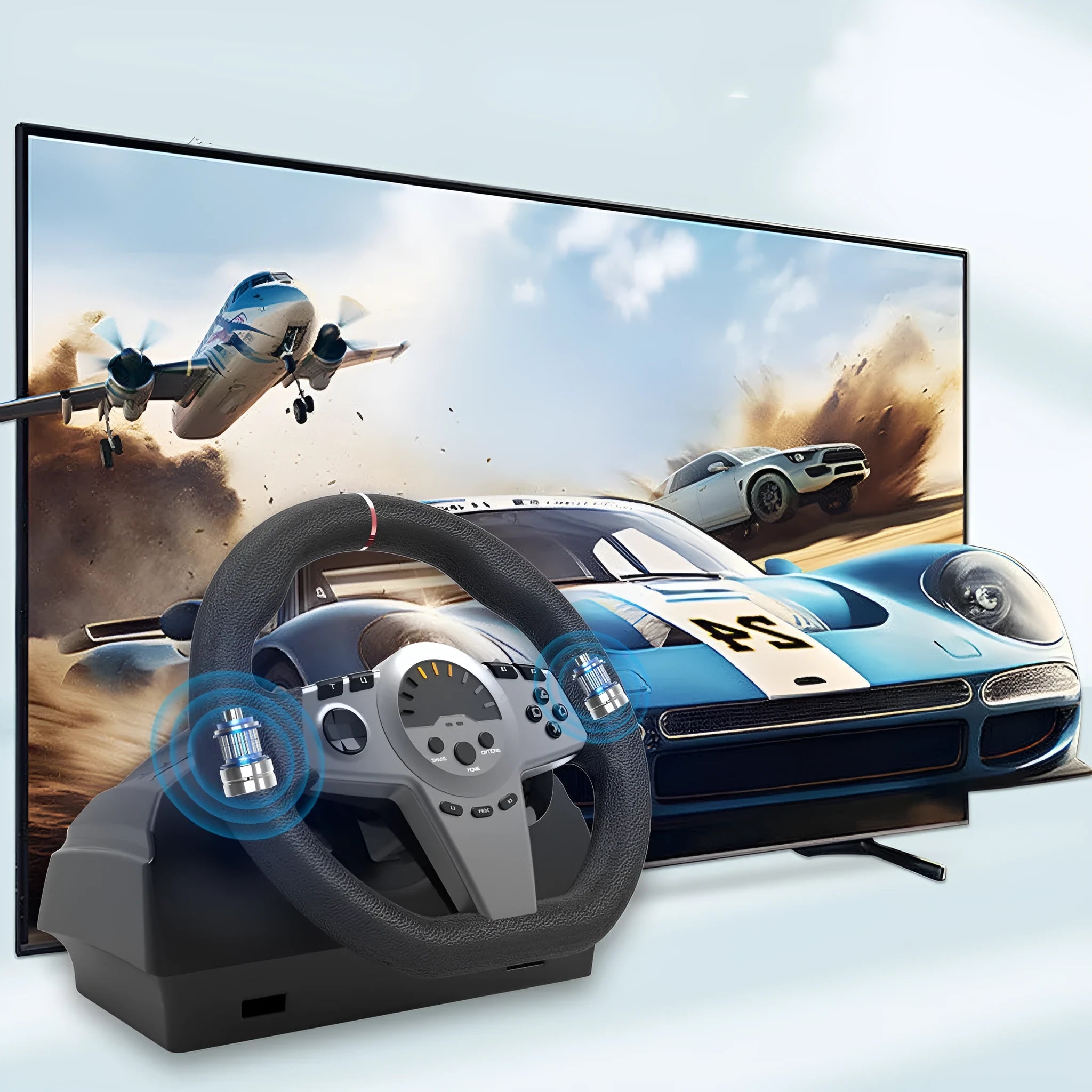Black multi-platform racing game steering wheel with two pedals, paddle shifters, and LED display
