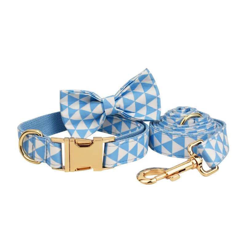 Blue triangular rope ring dog accessory set with matching vest, collar and bow decoration