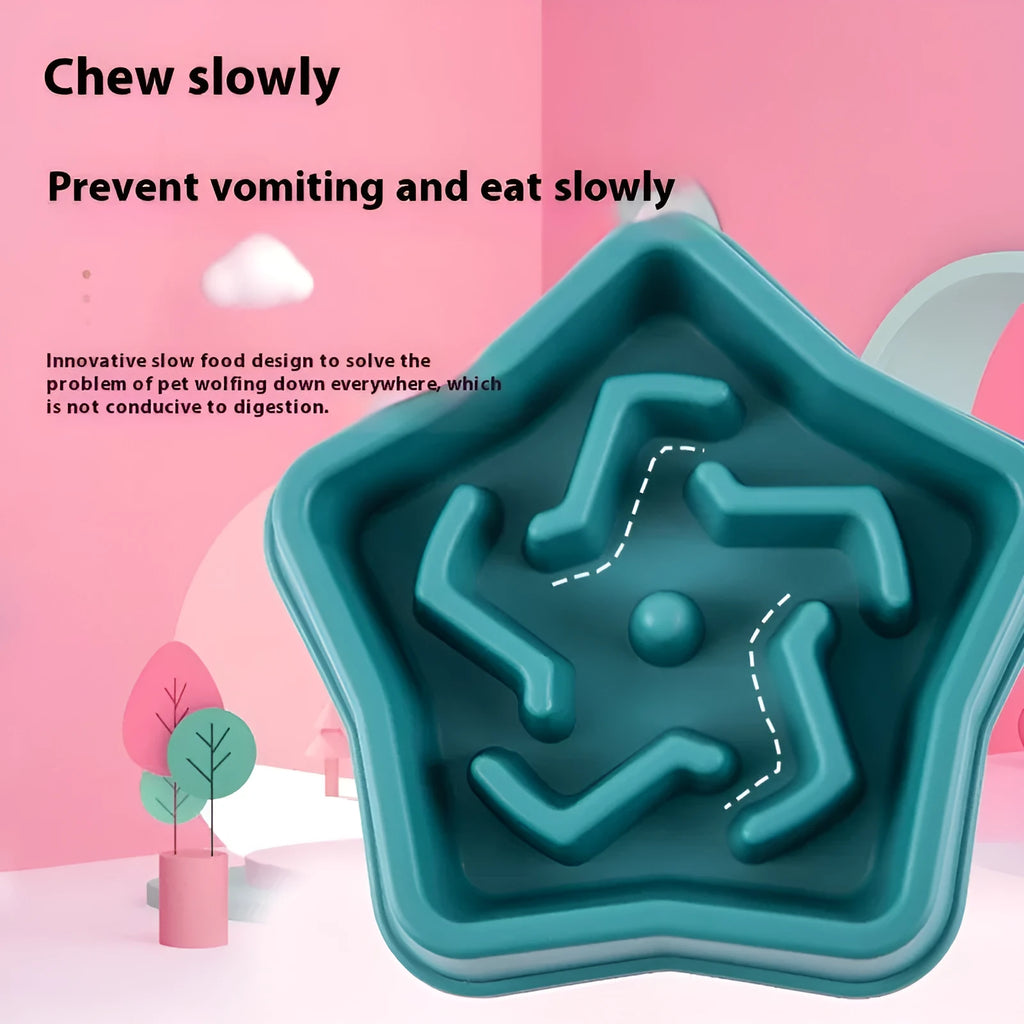 Yellow slow feeding dog bowl with rough plastic base design to prevent choking