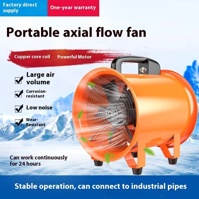 Industrial axial flow fan with titanium steel housing and seven blades for ventilation.