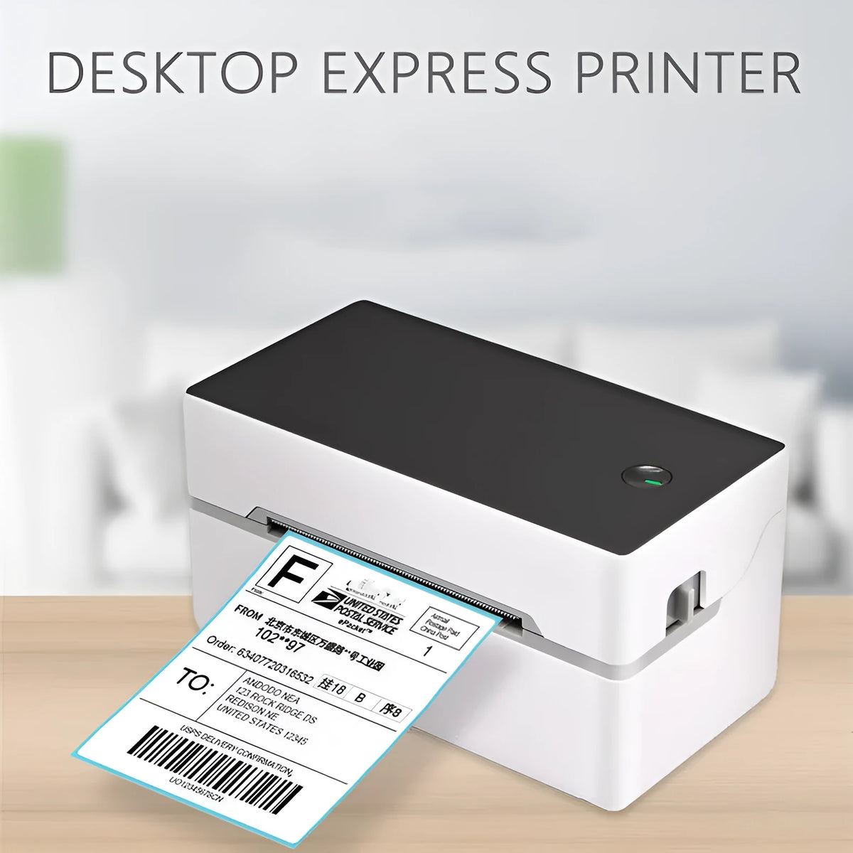 Thermal label printer with USB and Bluetooth, 203 dpi, 150mm/s, 16x8x8cm, for barcode and sticker printing