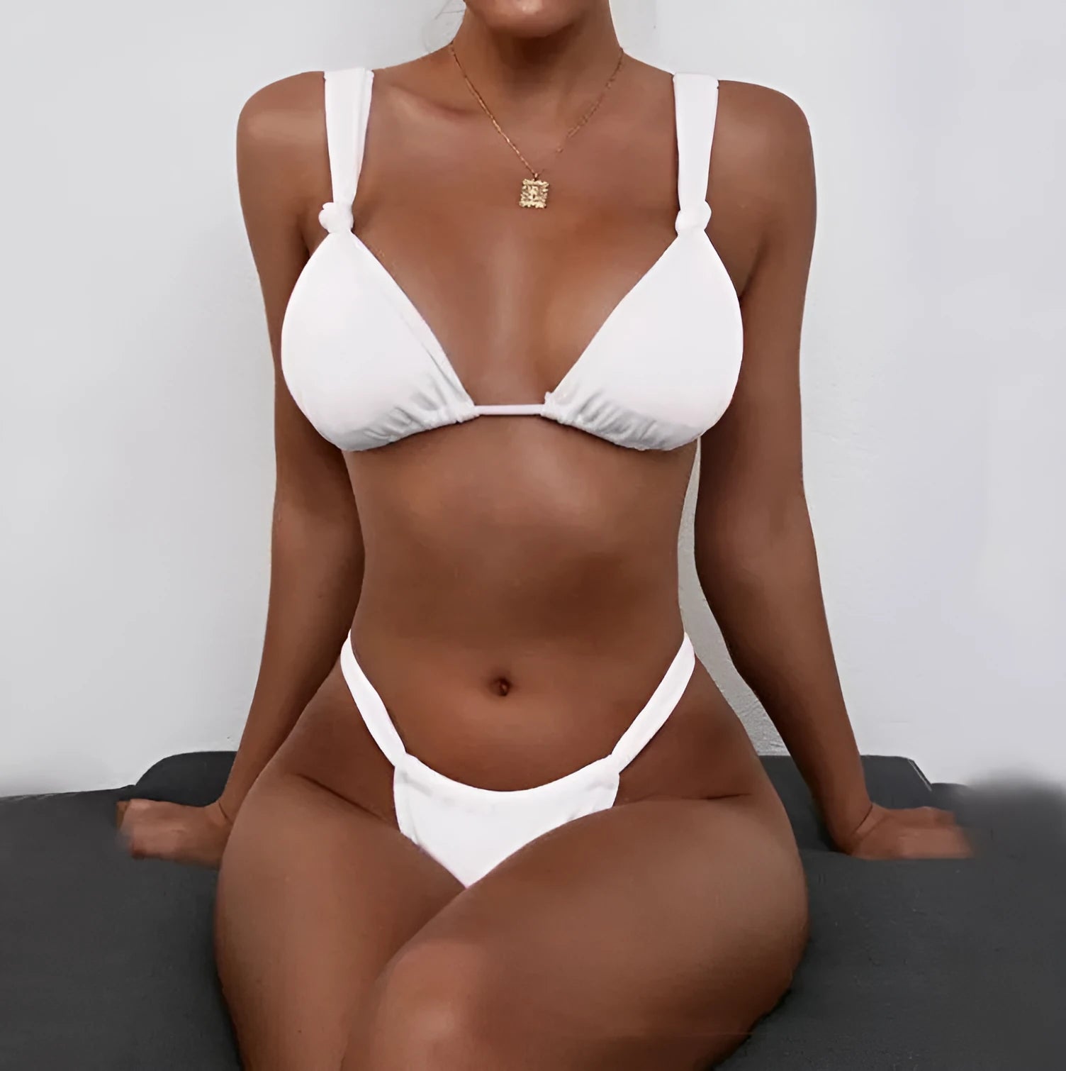 Women's pleated split strap bikini swimsuit with knotted detailing in solid colours with cotton-blend lining