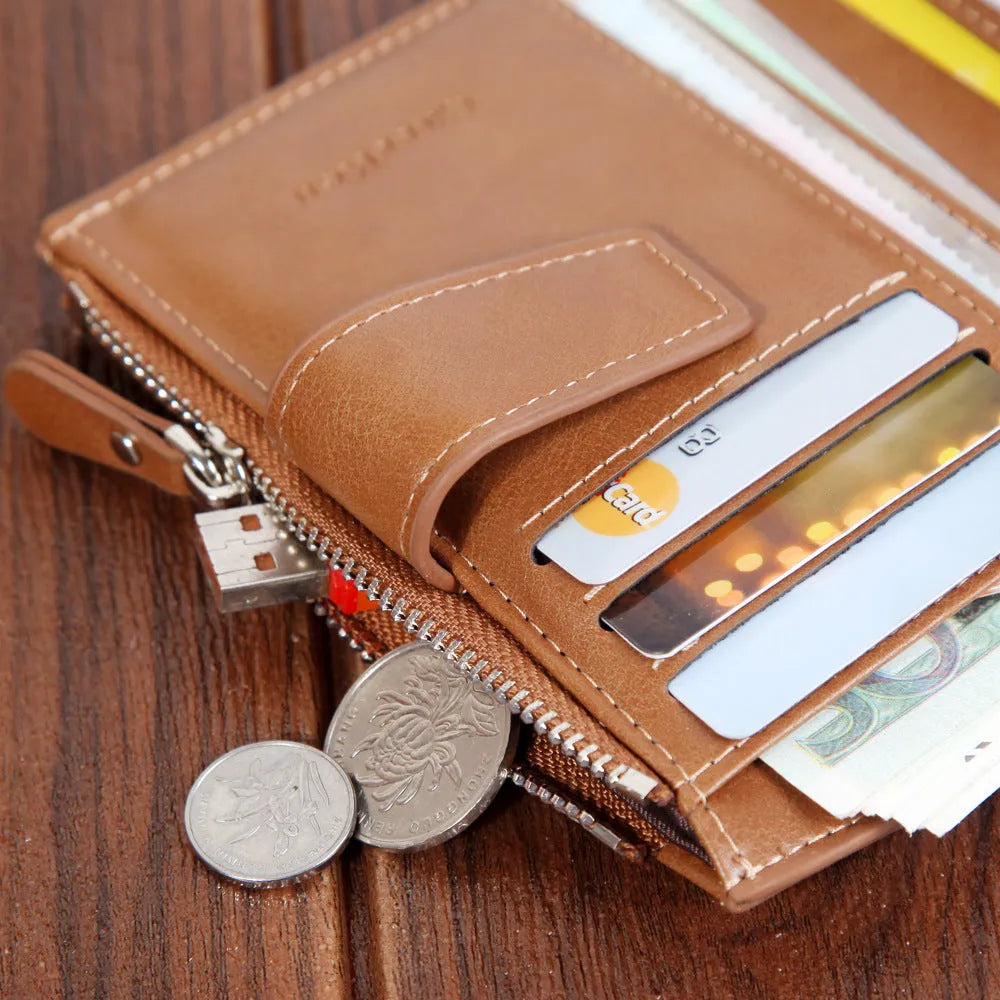 Men's 13842 short PU leather wallet, zip buckle, square vertical, 12.8x9.8x2.5cm, card passport slots