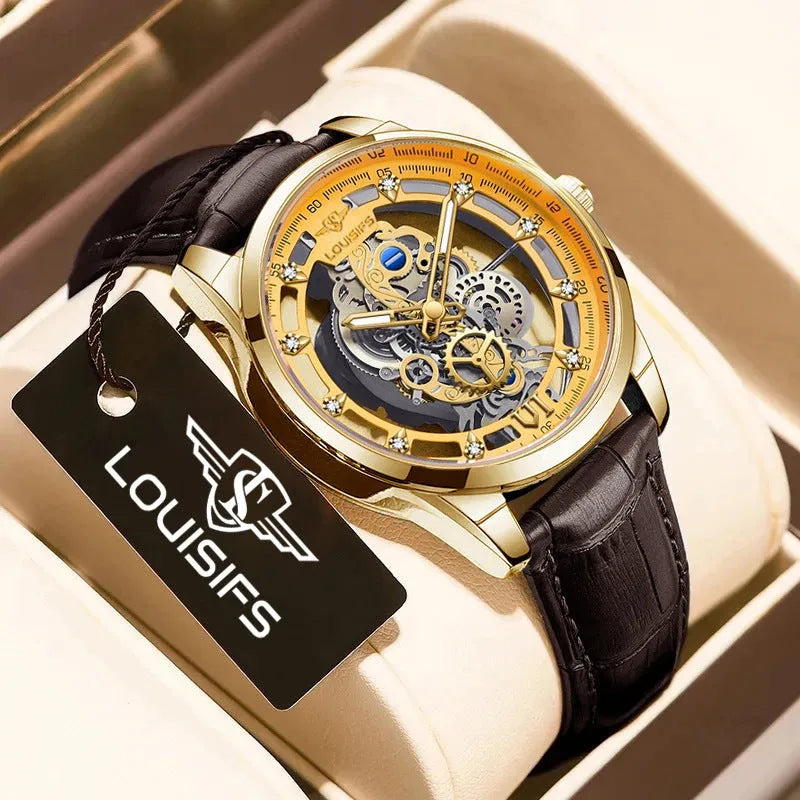 Men's double-sided hollow quartz watch with gold or silver case and brown or black leather belt, 12mm thickness.