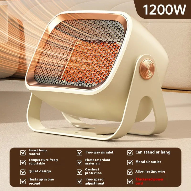 White rotatable desktop PTC ceramic heater showing control buttons and air outlet.