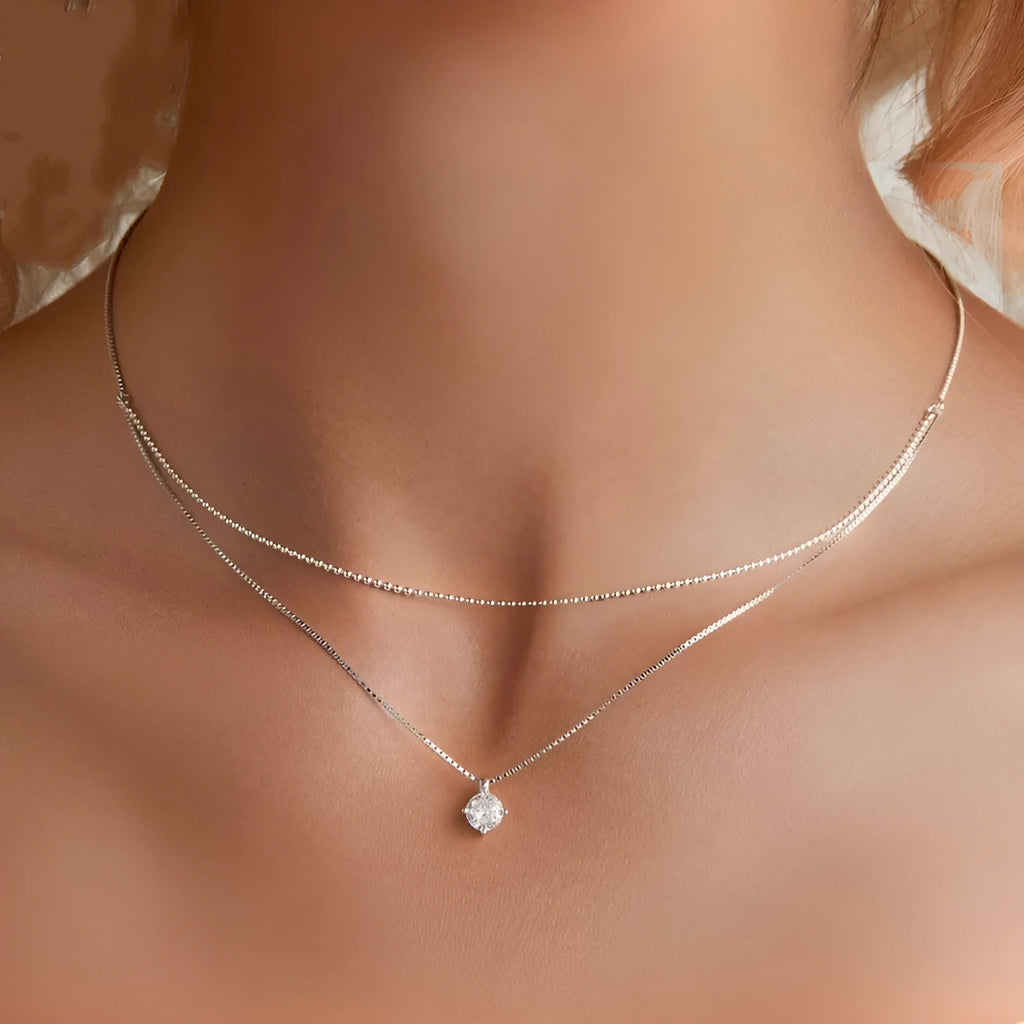 S925 sterling silver necklace with double-layer pearl chain design in silver colour