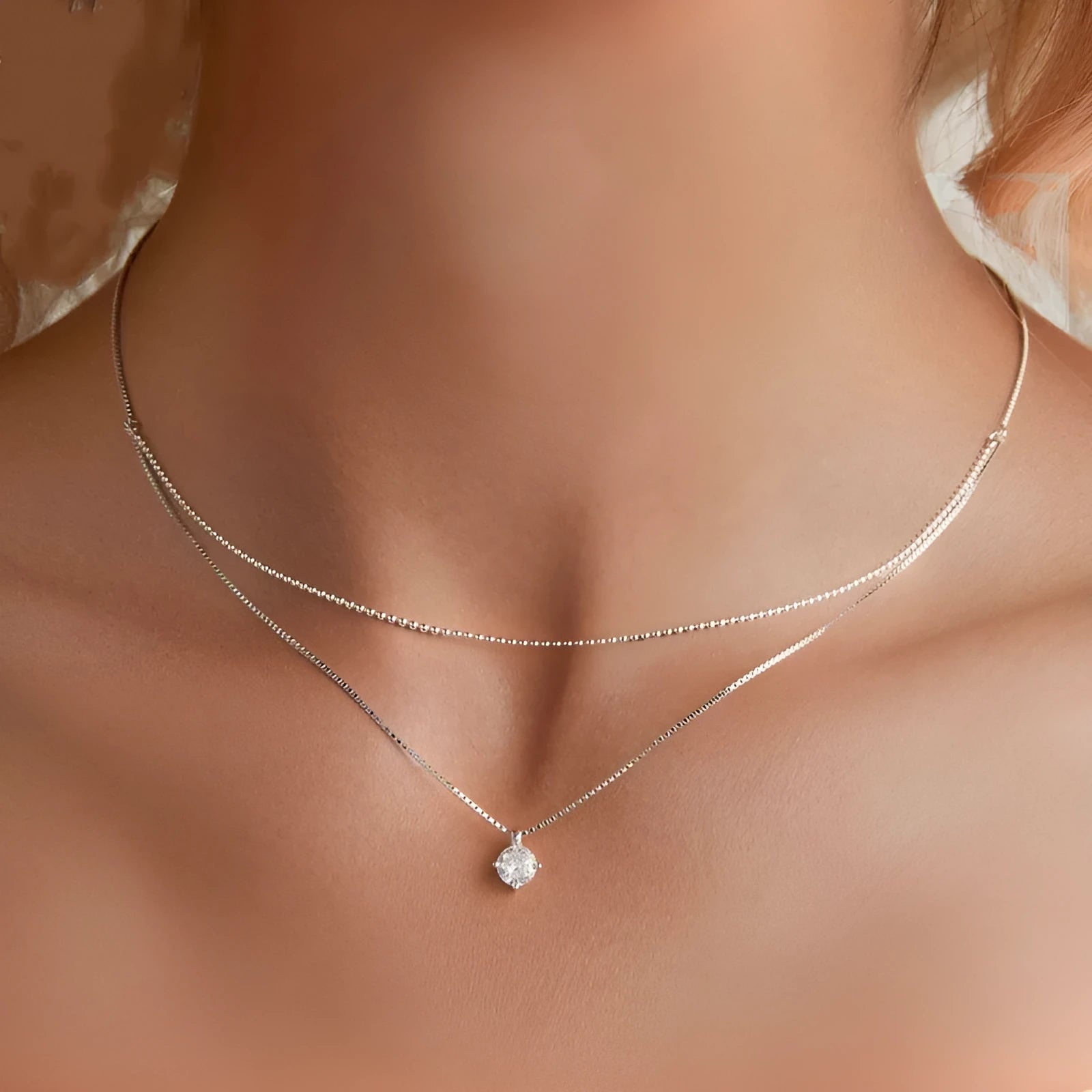 S925 sterling silver necklace with double-layer pearl chain design in silver colour