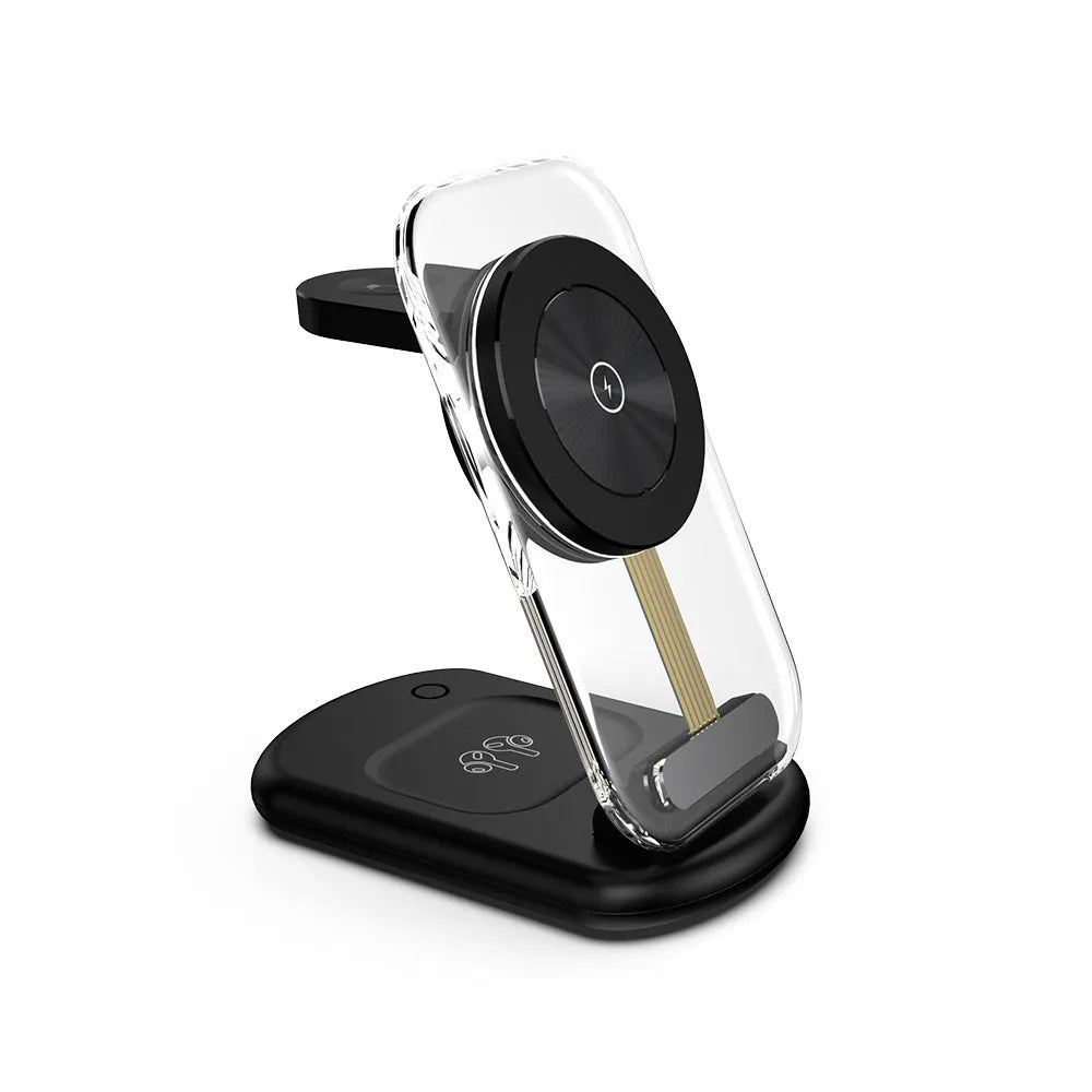 Transparent folding magnetic wireless charger showing internal components and magnetic alignment