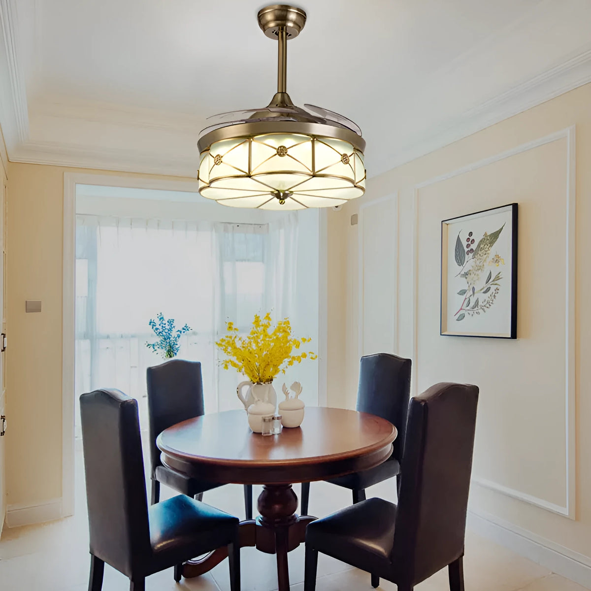 Gold 42 inch ceiling-mounted silent fan light with invisible blades and remote control.