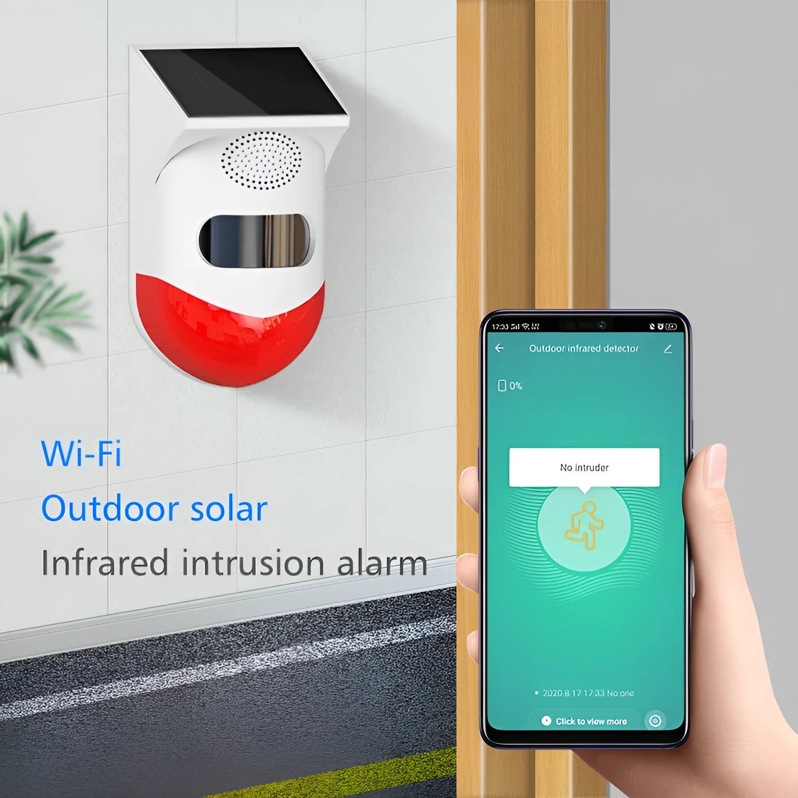 Solar-powered infrared security alarm with wall mount and detection range indicator