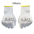 White PU-coated work gloves showing flexible fit and 24 cm length on a workbench.