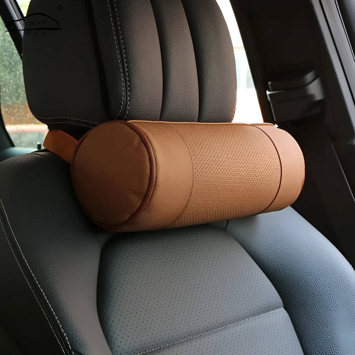 Leather cylindrical car seat pillow headrest with PP cotton filling and punching pattern, in beige, black, or brown.