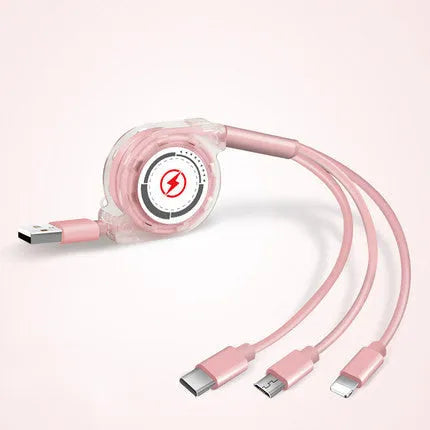 3 in 1 telescopic charging cable extended to show titanium alloy connectors and TPE wire body