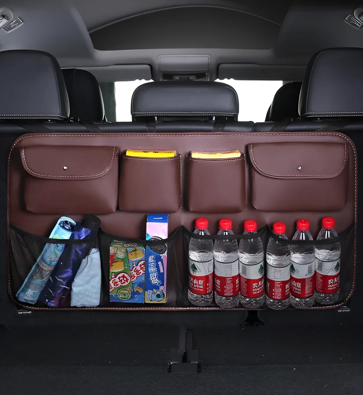 Storage bag in simple, leather or net pocket version, shown in black, coffee, brown, beige and red colour options