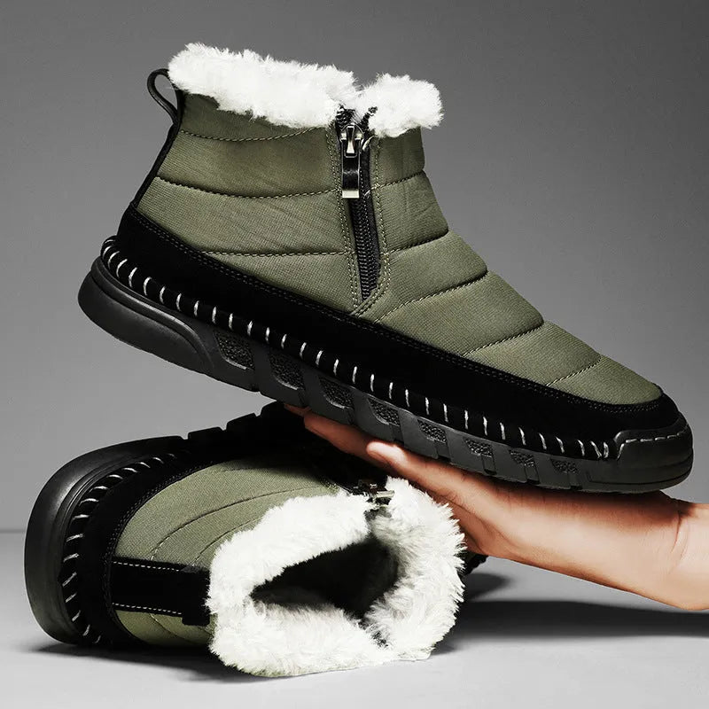 Men's plus size winter snow boots in green with round toe, flat heel, and a non-slip rubber sole.