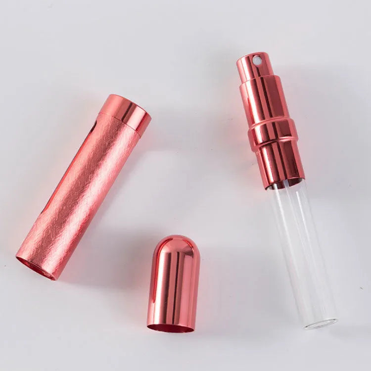 12ml portable perfume bottle, aluminium bottle with glass liner, 115mm x 20mm, 24g, shown in blue gold pink red silver violet