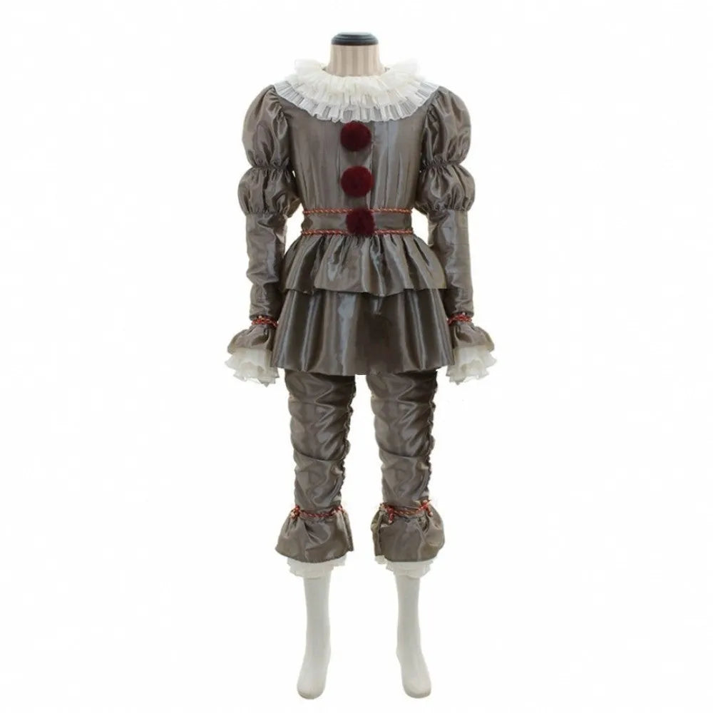 Halloween clown costume set with top, trousers, belt, bib, bracelets, and leg chains in gold grey, women and child sizes