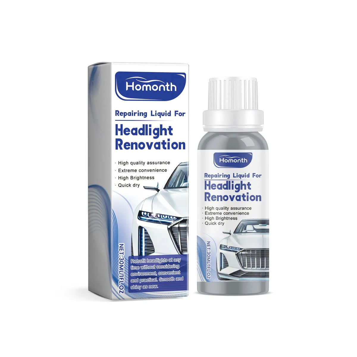 30ml car headlight repair essence bottle, 2.8x2.8x8.8cm, containing Nano silicone and sodium bicarbonate