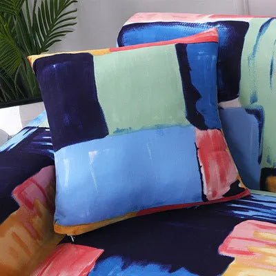 Printed geometric stretch sofa slipcover fitted on a three-seater sofa