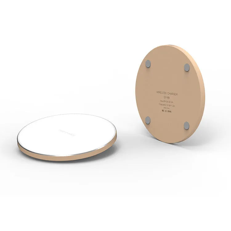 Ultra-thin wireless charger 98x98x6.5mm in black, red, white, and yellow, with 8mm transmission distance and fast charge support.