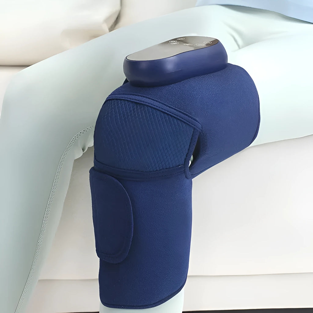 Blue airbag self-heating knee massager showing adjustable wrap and control unit.