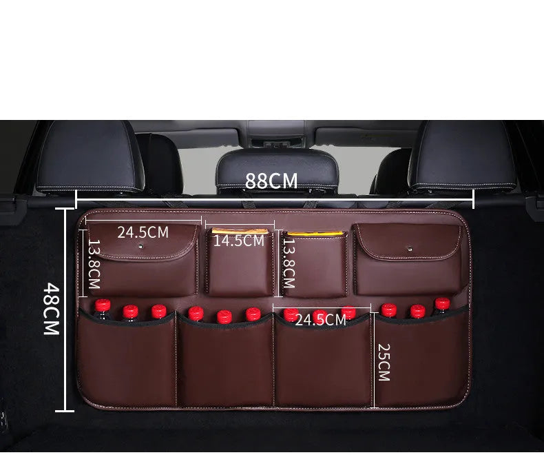 Storage bag in simple, leather or net pocket version, shown in black, coffee, brown, beige and red colour options
