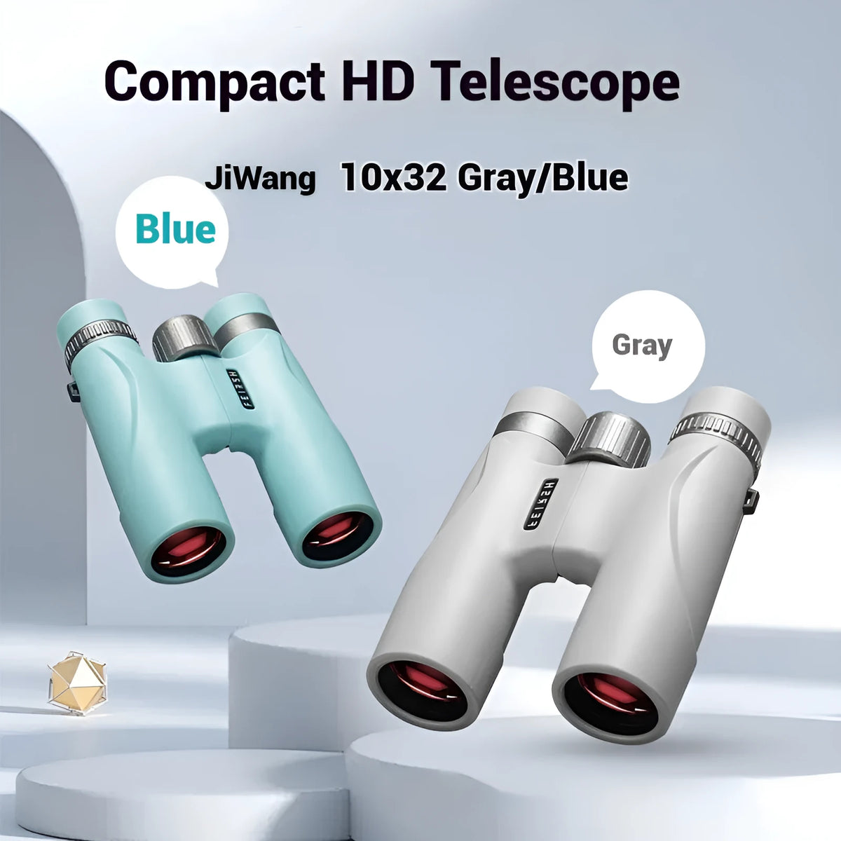 Blue or grey 10x32 plastic binoculars with wine red film imaging lenses on a flat surface.