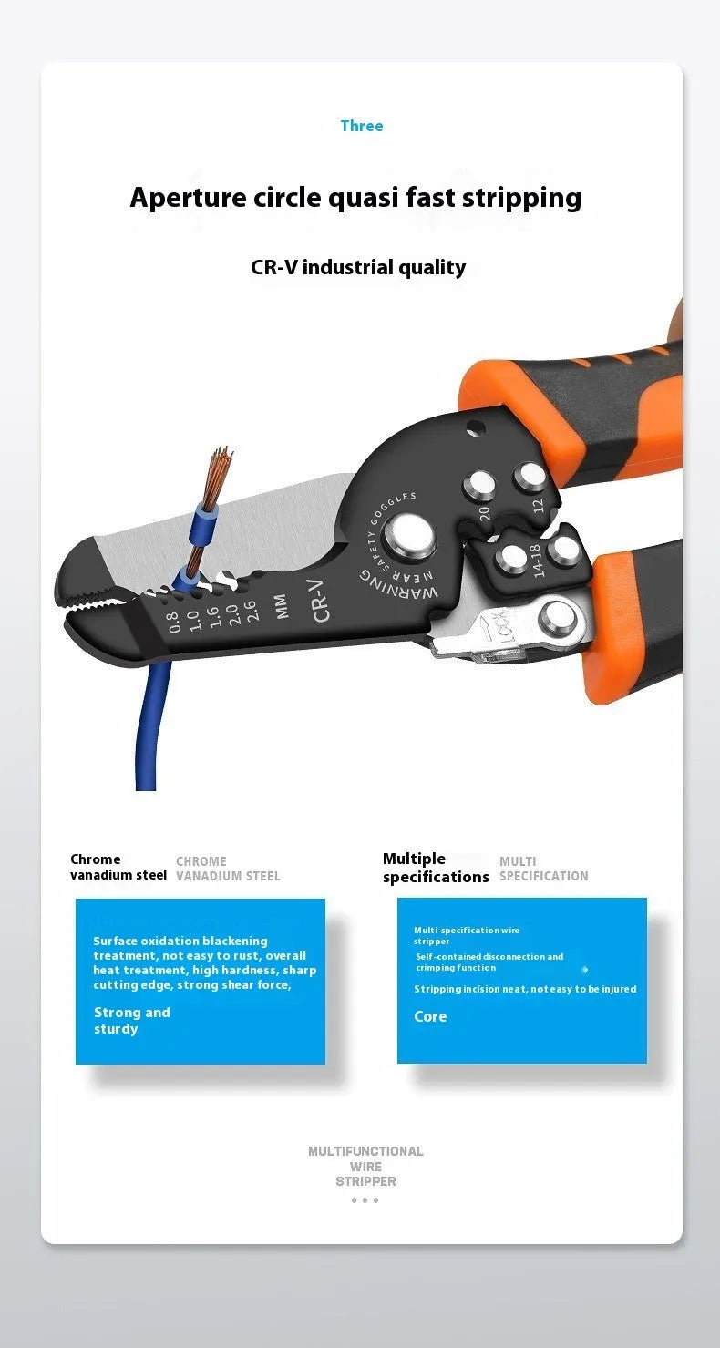 Fully automatic wire stripping pliers tool with high carbon steel blades, mounted in a storage box.