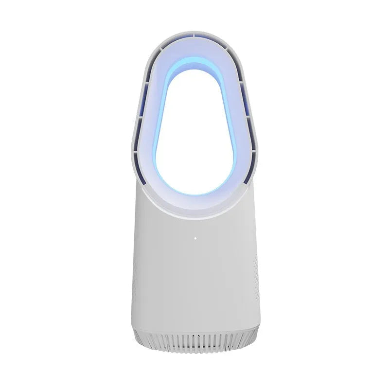 White SK bladeless tower floor fan with remote control on a wooden floor next to a desk.