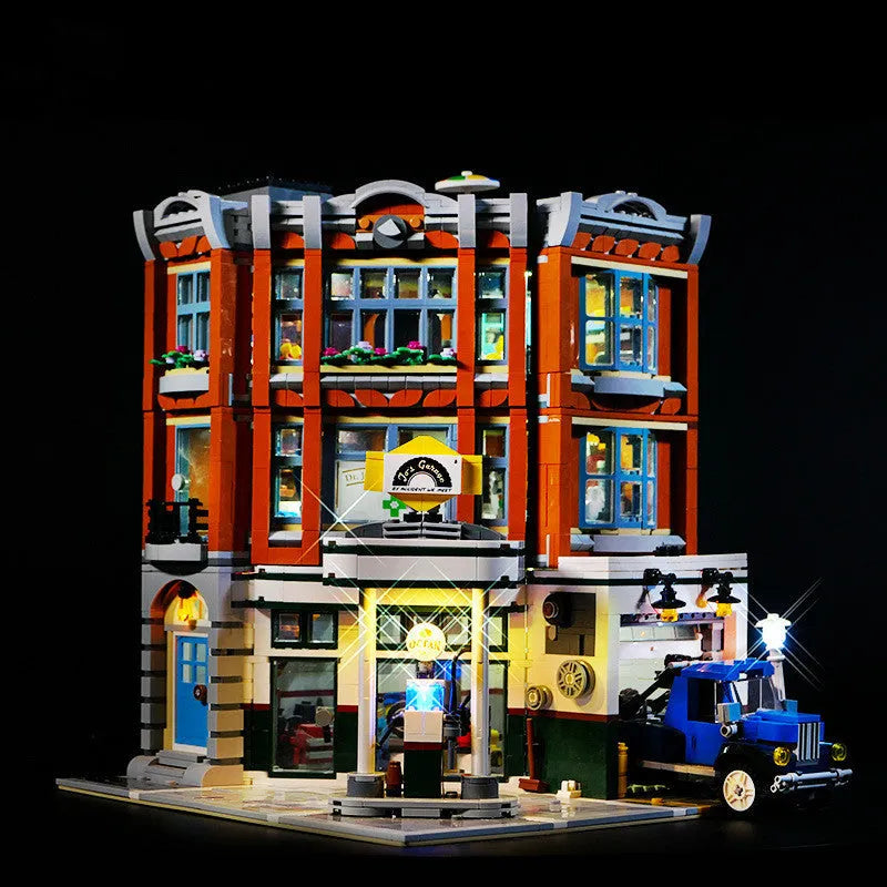 MOC plastic LED lighting accessories kit showing corner repair shop lighting groups for construction toys