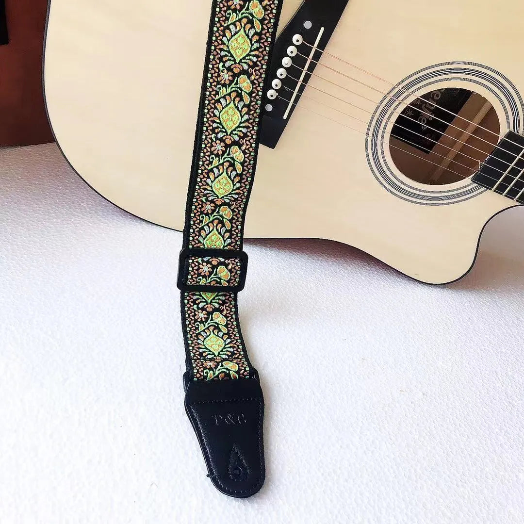 Adjustable embroidered guitar strap with thick webbing, 5cm width, 135-150cm length, six style options