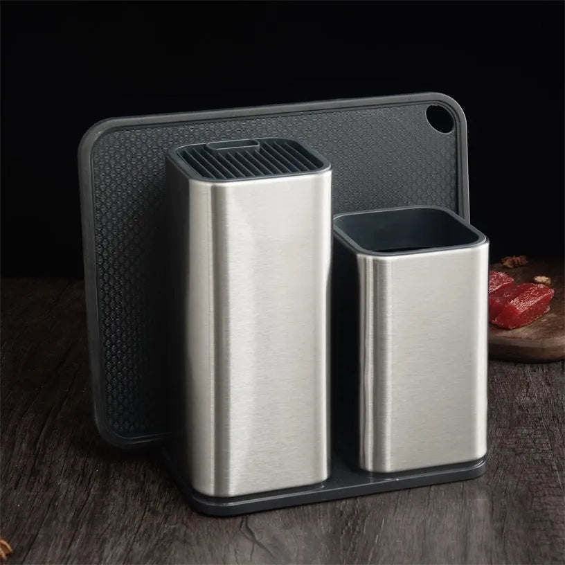 Stainless steel kitchen tool holder with knife slots and storage bucket, detachable bottom