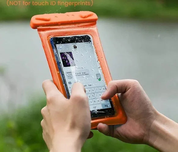 Orange double airbag waterproof mobile phone pouch with 45cm black neck rope.