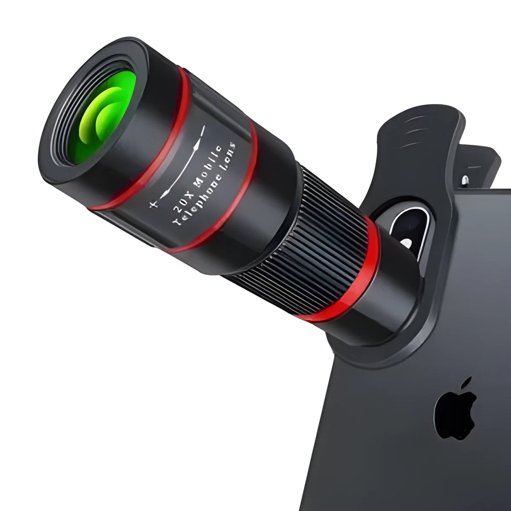 20x magnification mobile phone telescope with universal clip and single eyemask on a smartphone