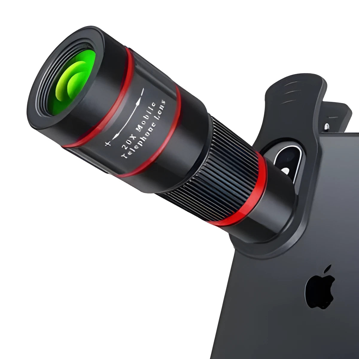 20x magnification mobile phone telescope with universal clip and single eyemask on a smartphone