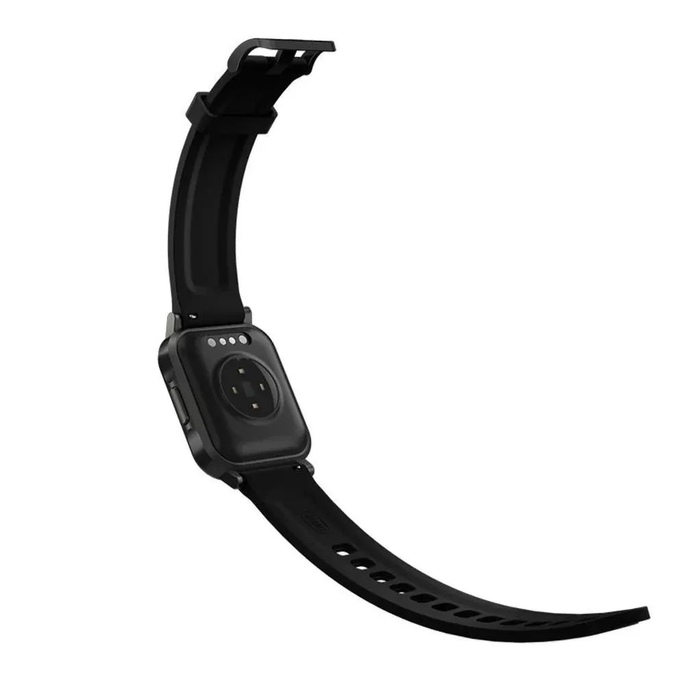 Black waterproof smart bracelet with 1.4 inch screen and silicone strap showing heart rate data