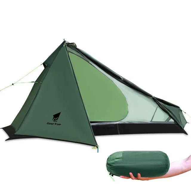 Single poleless tent full set in green with aluminium alloy bars, one bedroom and one hall, 0.95kg, waterproof 1500mm-2000mm