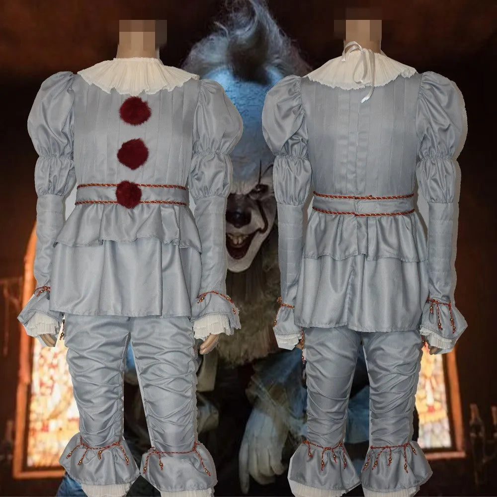 Halloween clown costume set with top, trousers, belt, bib, bracelets, and leg chains in gold grey, women and child sizes