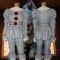 Halloween clown costume set with top, trousers, belt, bib, bracelets, and leg chains in gold grey, women and child sizes
