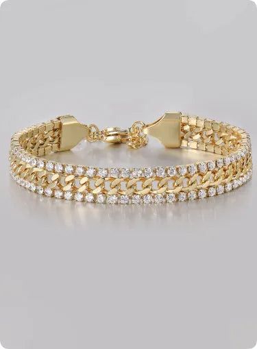 Gold-plated titanium steel tennis bracelet with artificial gemstone inlay in hip hop style
