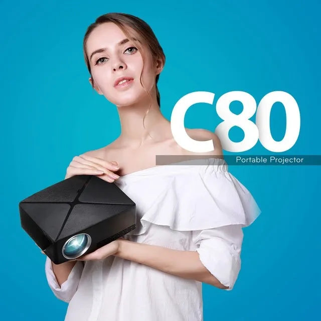 Black or white home desktop projector with glass lens, 1280x720dpi resolution, 40-120 inch projection, 0.8kg weight.
