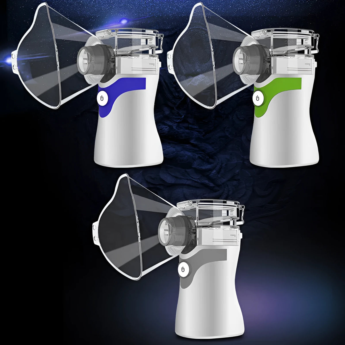 Handheld mesh atomizer in Blue, Green or Grey with 0.5mL and 10mL cups, human and child masks, mouthpiece, USB or AA battery power
