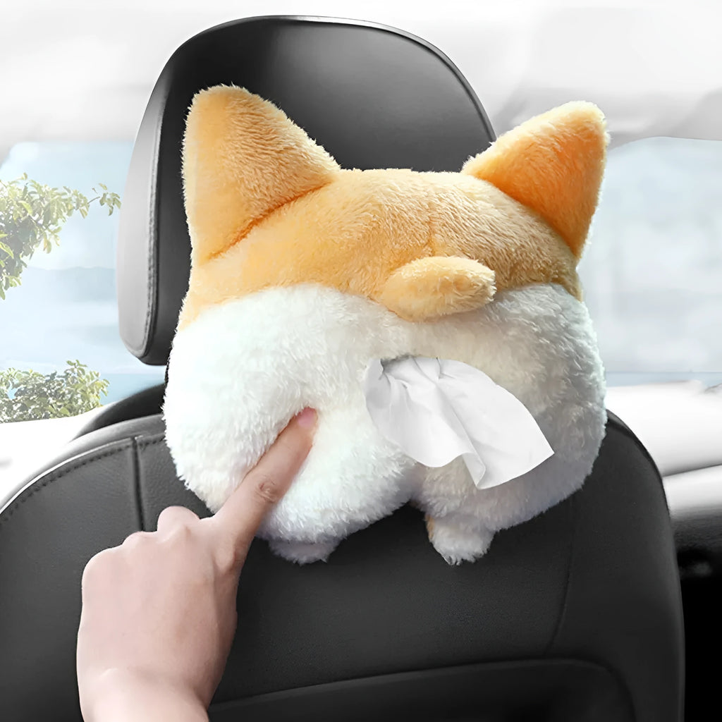 Yellow soft corgi butt shaped tissue box cover with elastic strap for hanging in car.